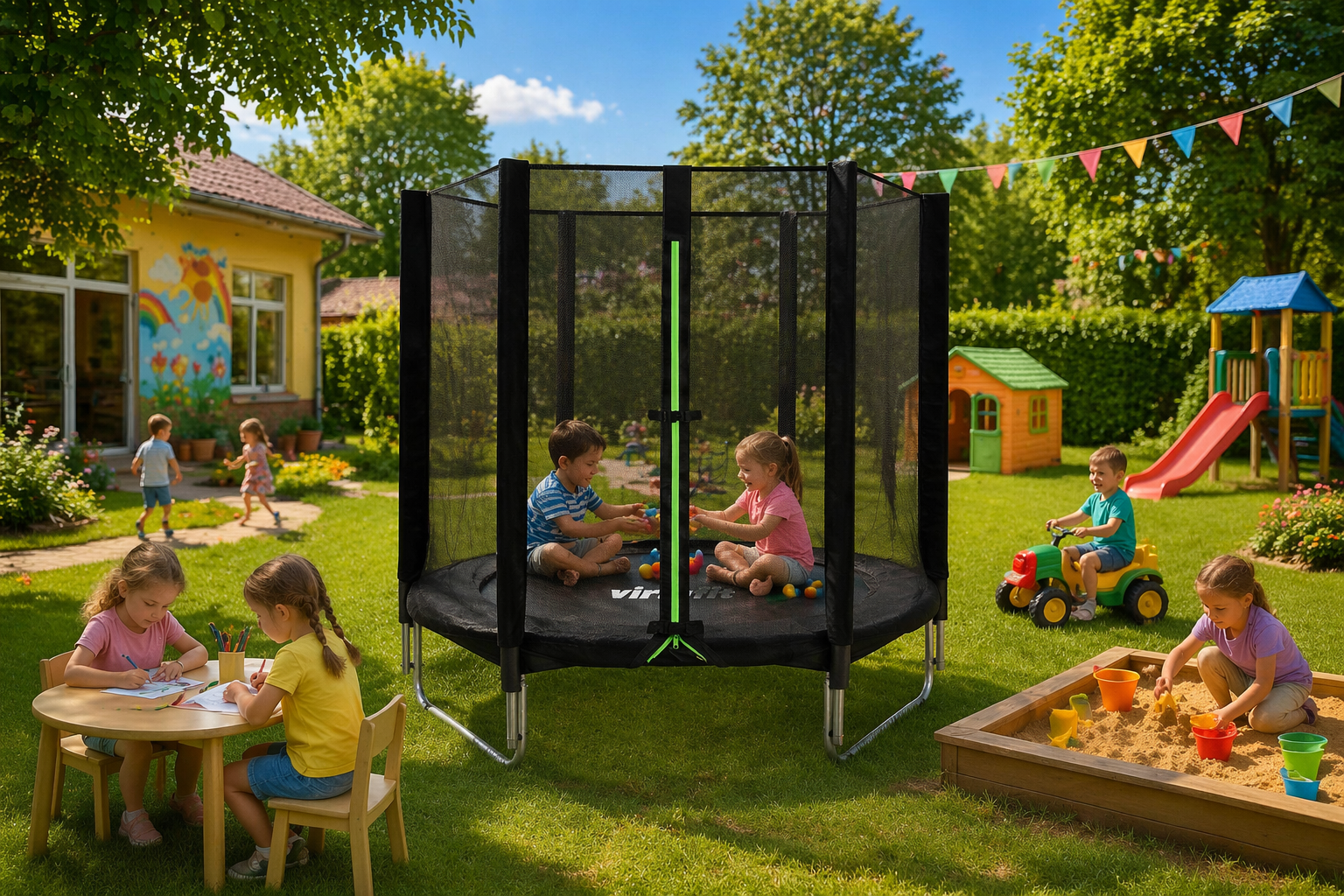 Trambulina Copii de gradina VirtuFit cu plasa de siguranta si scara 140 CM