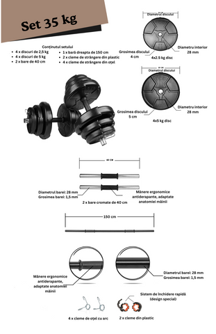 Set haltera si gantere reglabile de 30 KG, 2 bare de 40 cm, bara de 150 cm si cleme prindere Set haltera si gantere reglabile de 30 KG, 2 bare de 40 cm, bara de 150 cm si cleme prindere