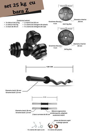 Set haltera si gantere reglabile de 20 KG, 2 bare de 40 cm, o bara Z 120 cm si cleme prindere Set haltera si gantere reglabile de 20 KG, 2 bare de 40 cm, o bara Z 120 cm si cleme prindere