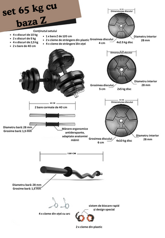 Set haltera si gantere reglabile de 60 KG, 2 bare de 40 cm, bara Z de 120 cm si cleme prindere Set haltera si gantere reglabile de 60 KG, 2 bare de 40 cm, bara Z de 120 cm si cleme prindere