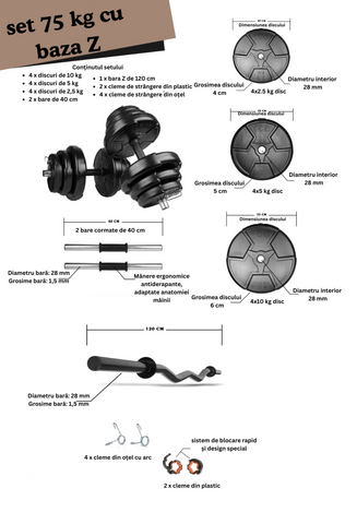 Set haltera si gantere reglabile de 70 KG, 2 bare de 40 cm, bara Z de 120 cm si cleme prindere Set haltera si gantere reglabile de 70 KG, 2 bare de 40 cm, bara Z de 120 cm si cleme prindere