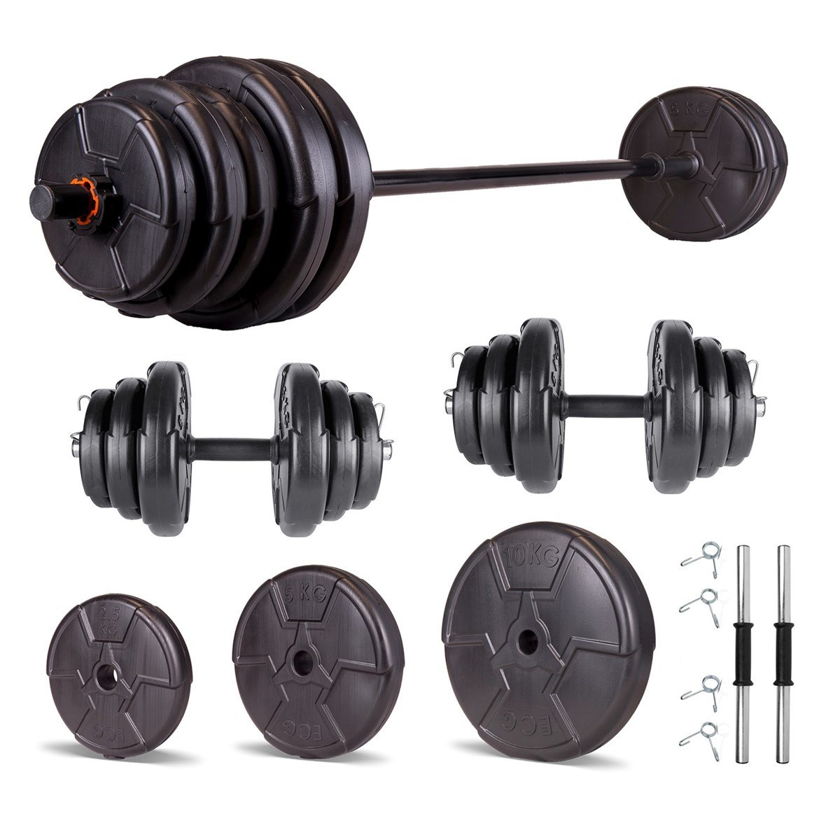 Set haltera si gantere reglabile de 85 KG cu 2 bare de 40 cm lungime, o bara de 150 cm lungime si cleme prindere, negru Set haltera si gantere reglabile de 85 KG cu 2 bare de 40 cm lungime, o bara de 150 cm lungime si cleme prindere, negru
