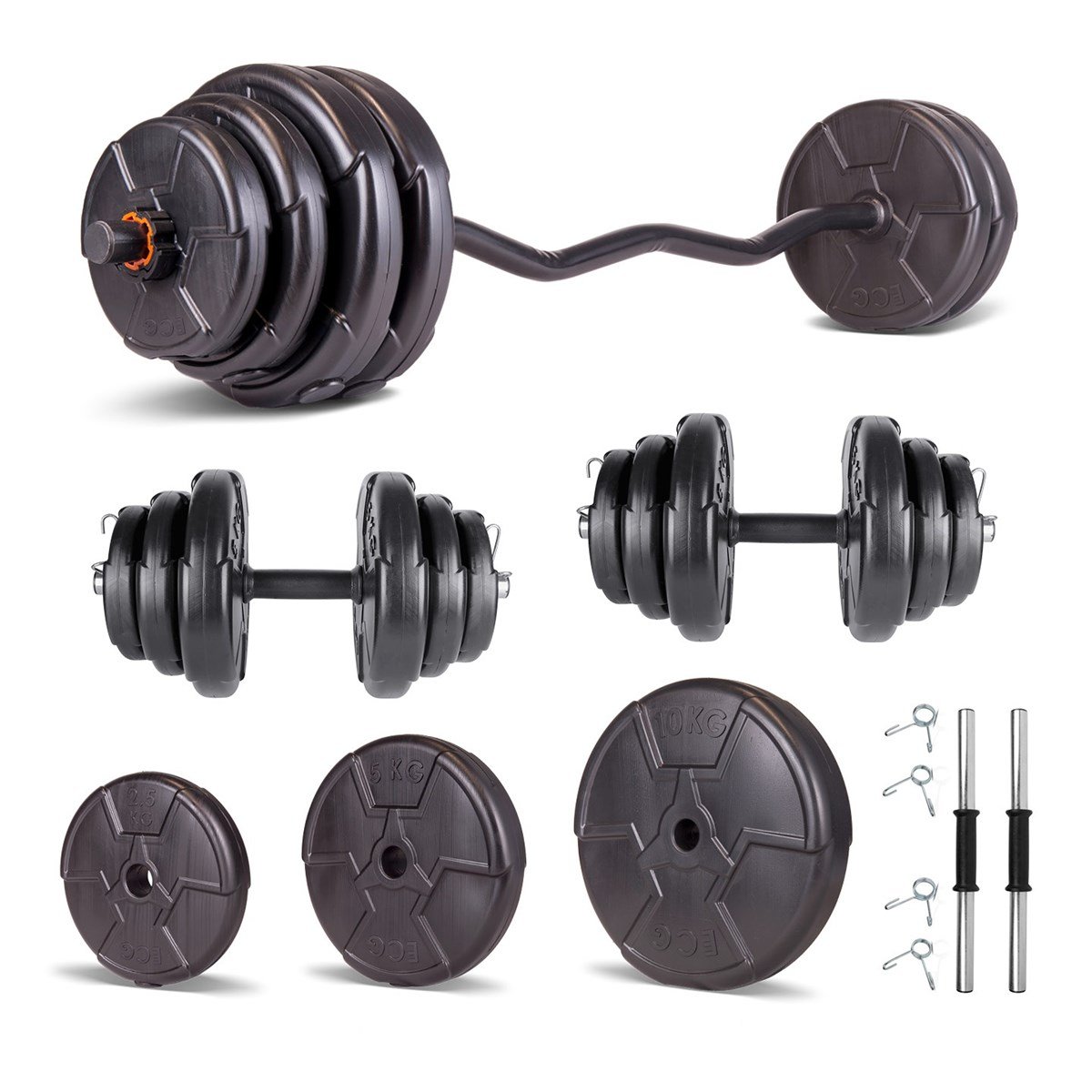 Set haltera si gantere reglabile de 75 KG cu 2 bare de 40 cm lungime, o bara Z de 120 cm lungime si cleme prindere, negru Set haltera si gantere reglabile de 75 KG cu 2 bare de 40 cm lungime, o bara Z de 120 cm lungime si cleme prindere, negru