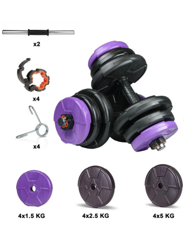 Set gantere reglabile de 36 KG cu 2 bare de 45 cm lungime si cleme prindere, negru violet