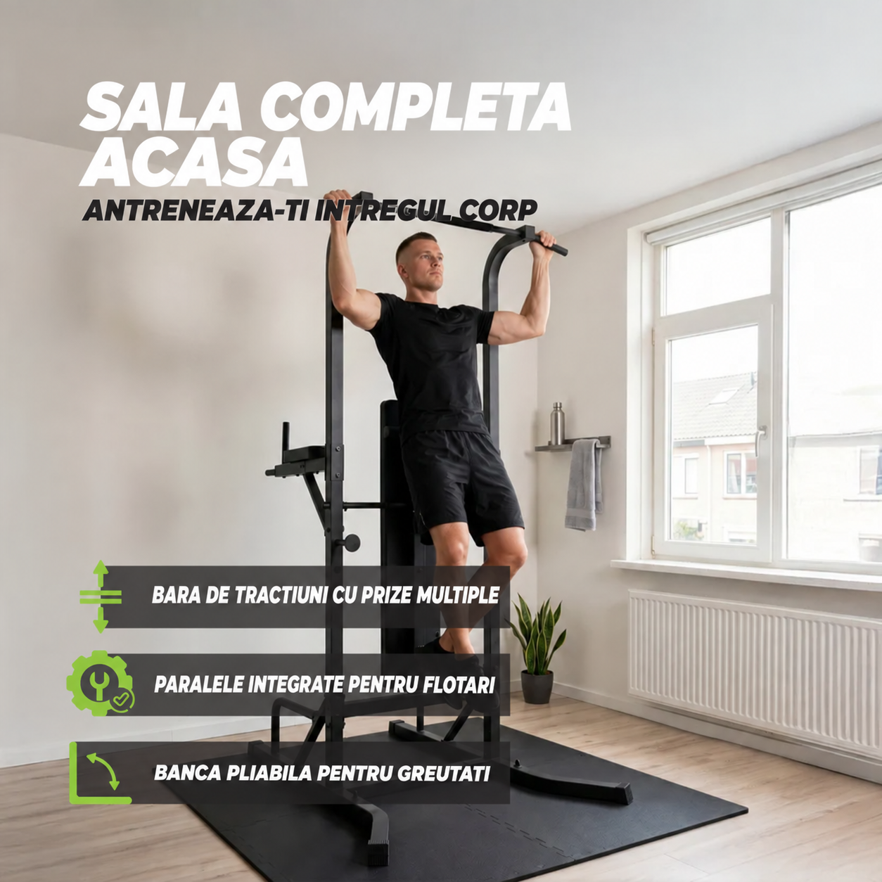 Aparat multifunctional Virtufit Power Tower Deluxe cu banca Fitness