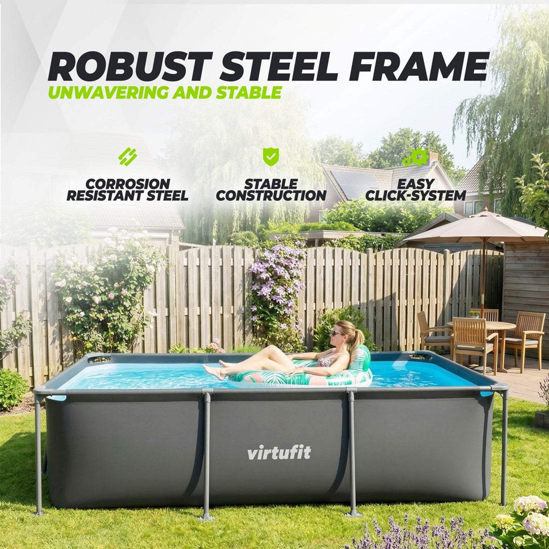 Piscina dreptunghiulara VirtuFit 260 x 180 x 66 cm cu sistem filtrare inclus si cadru metalic