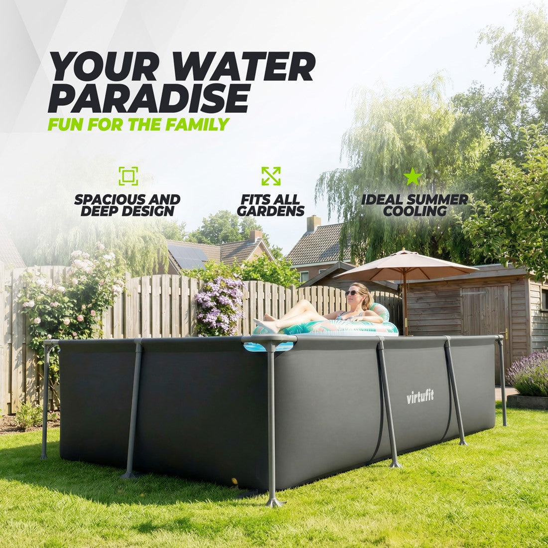 Piscina dreptunghiulara VirtuFit 260 x 180 x 66 cm cu sistem filtrare inclus si cadru metalic
