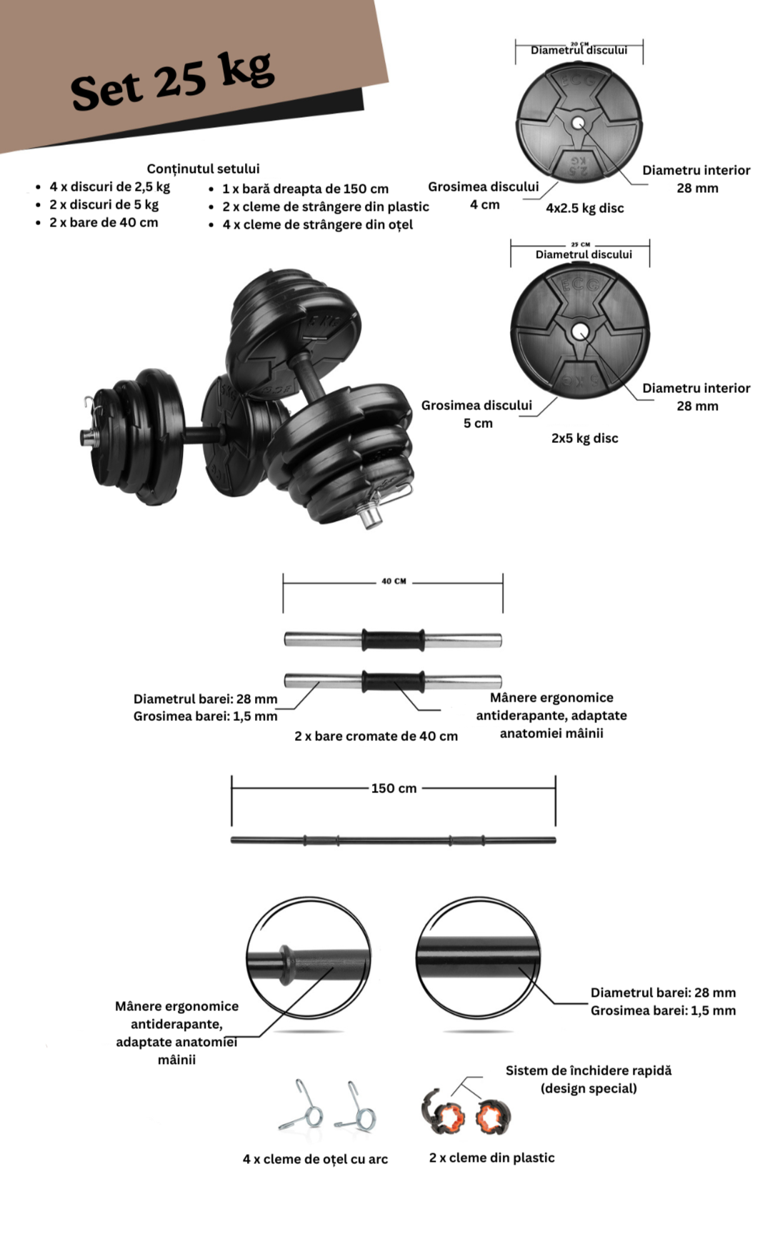 Set haltera si gantere reglabile de 20 KG, 2 bare de 40 cm, bara de 150 cm si cleme prindere