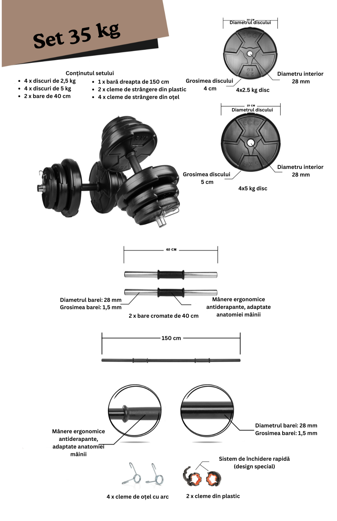 Set haltera si gantere reglabile de 30 KG, 2 bare de 40 cm, bara de 150 cm si cleme prindere