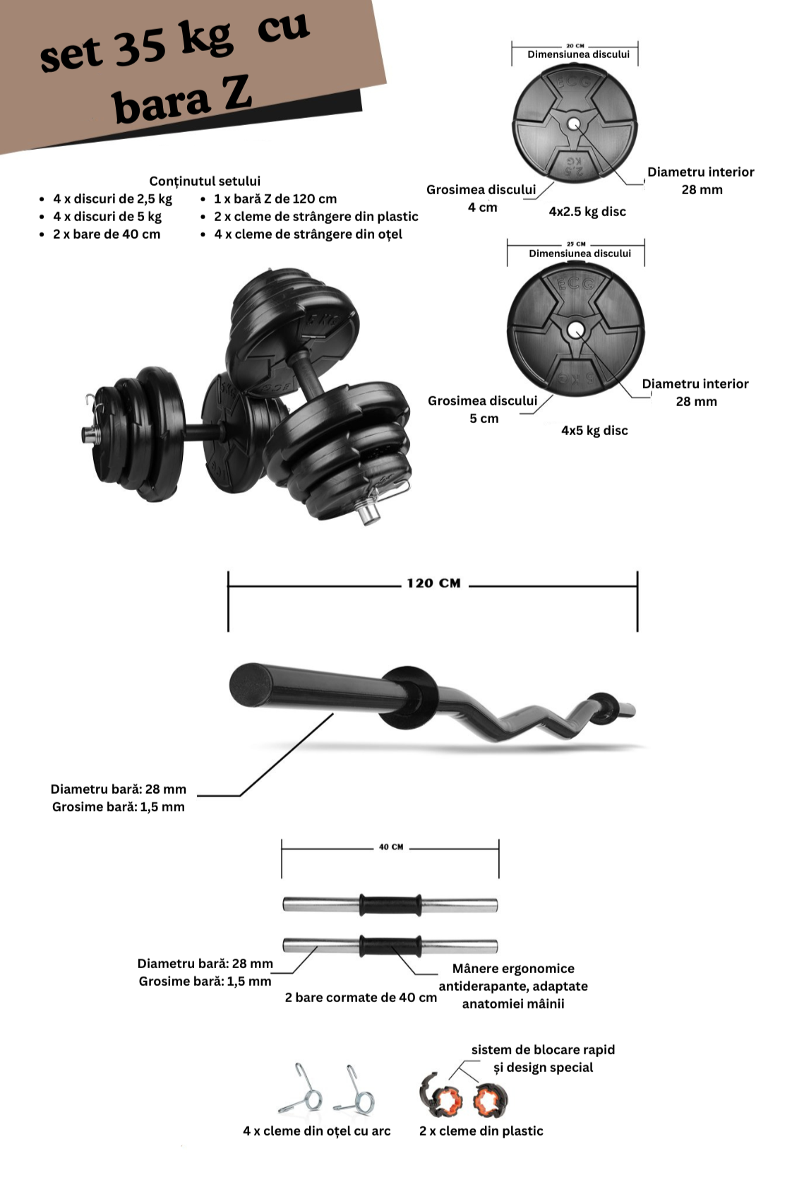 Set haltera si gantere reglabile de 30 KG, 2 bare de 40 cm, o bara Z de 120 cm si cleme prindere