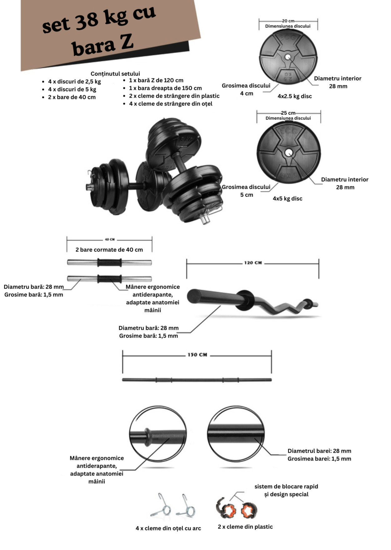 Set haltera si gantere reglabile de 30 KG, 2 bare de 40 cm, bara de 150 cm, bara Z si cleme prindere
