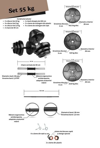 Set haltera si gantere reglabile de 50 KG cu 2 bare de 40 cm lungime, o bara de 150 cm lungime si cleme prindere, negru