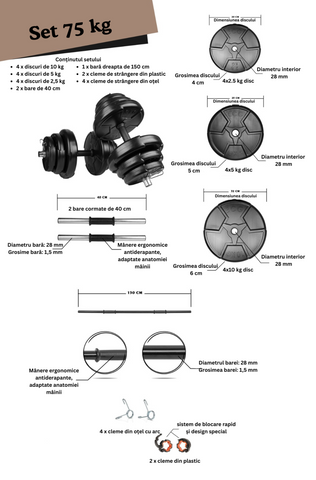 Set haltera si gantere reglabile de 70 KG, 2 bare de 40 cm, o bara de 150 cm si cleme prindere