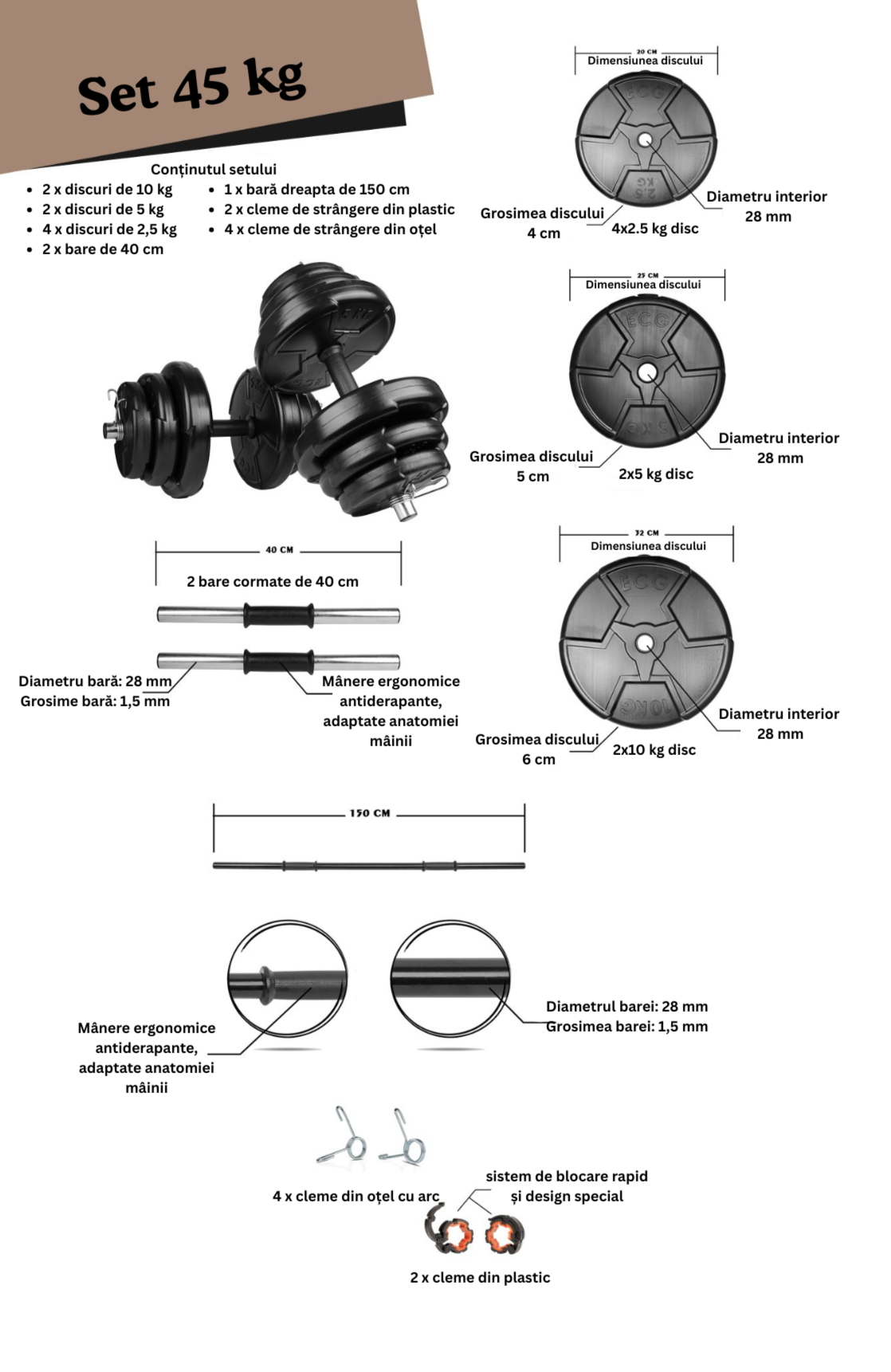 Set haltera si gantere reglabile de 40 KG,  2 bare de 40 cm, bara de 150 cm si cleme prindere