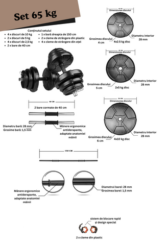 Set haltera si gantere reglabile de 60 KG, 2 bare de 40 cm, bara de 150 cm si cleme prindere