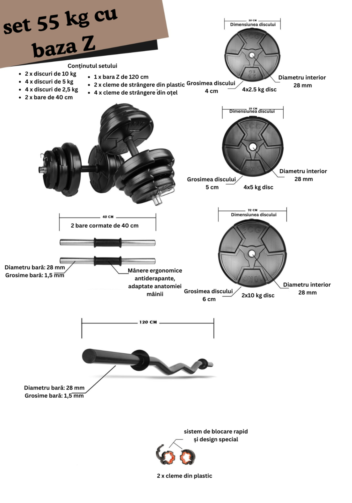 Set haltera si gantere reglabile de 50 KG,  2 bare de 40 cm, o bara Z de 120 cm si cleme prindere
