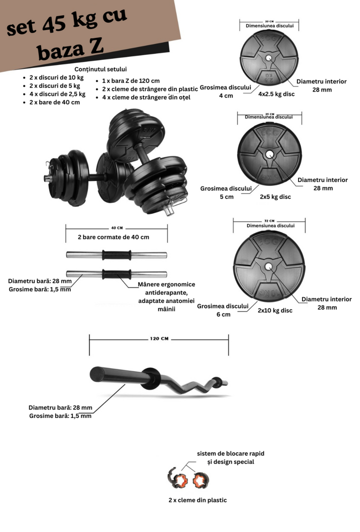 Set haltera si gantere reglabile de 40 KG cu 2 bare de 40 cm lungime, o bara Z de 120 cm lungime si cleme prindere, negru