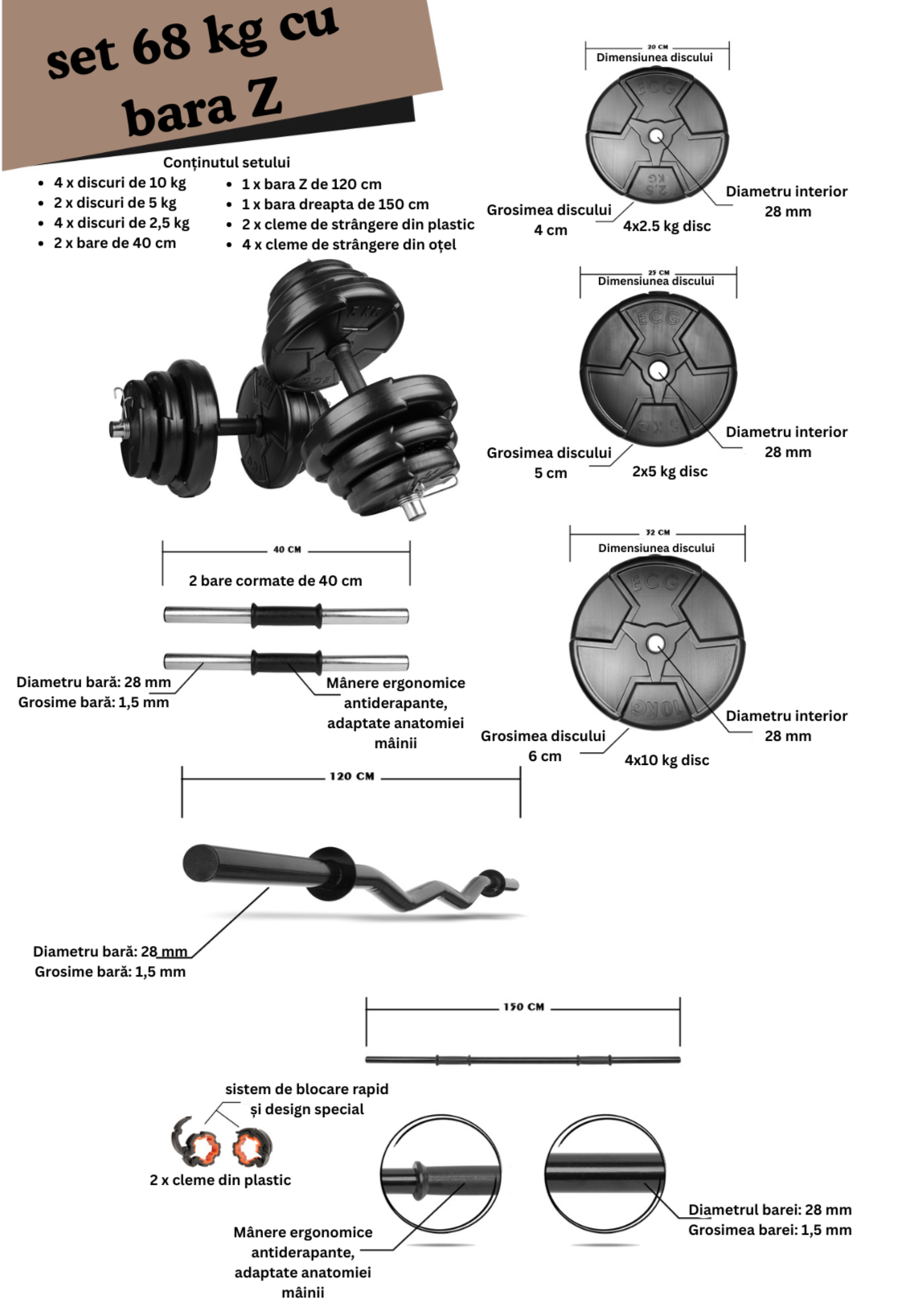 Set haltera si gantere reglabile de 60 KG, 2 bare de 40 cm, o bara Z de 120 cm, bara dreapta 150 cm si cleme prindere