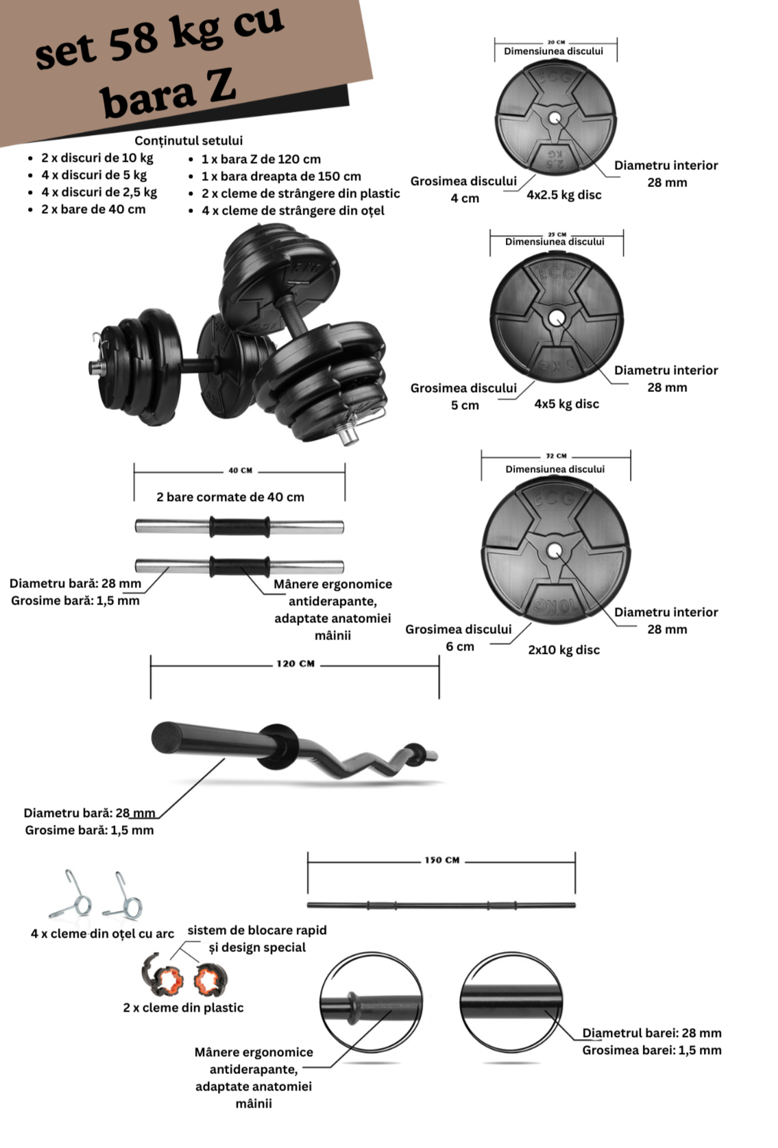 Set haltera si gantere reglabile de 50 KG cu 2 bare de 40 cm lungime, o bara Z de 120 cm, o bara 150 cm lungime si cleme prindere, negru