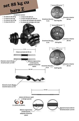 Set haltera si gantere reglabile de 80 KG, 2 bare de 40 cm, bara Z si bara dreapta