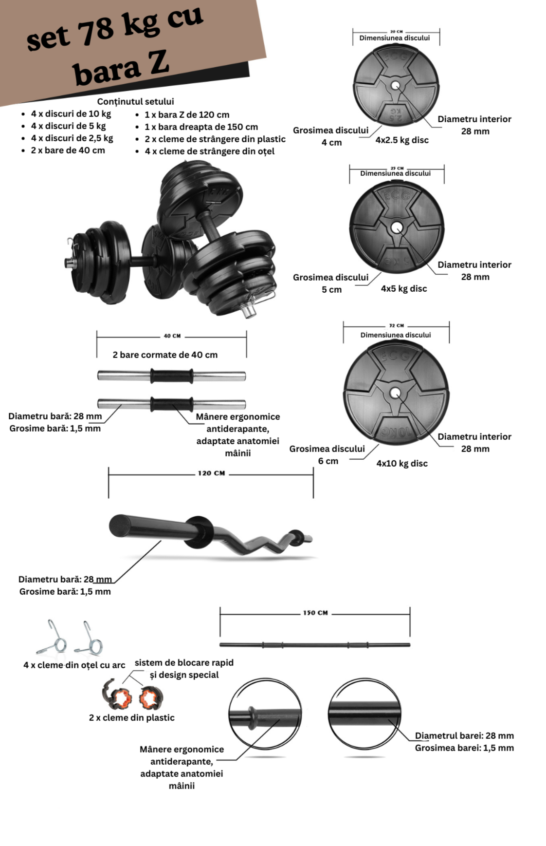 Set haltera si gantere reglabile de 70 KG, 2 bare de 40 cm, bara de 150 cm, bara Z si cleme prindere