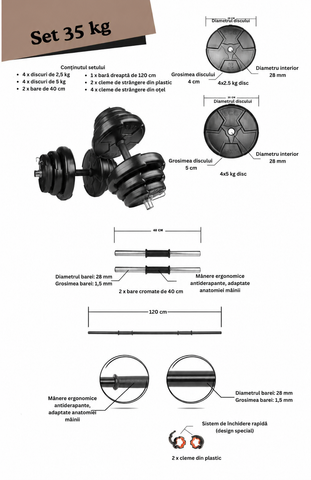 Set haltera si gantere reglabile de 30 KG, 2 bare de 40 cm, bara de 120 cm si cleme prindere