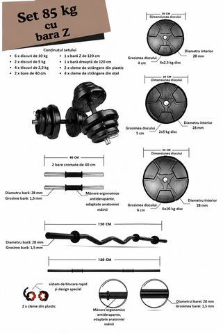 Set haltera si gantere reglabile de 80 KG, 2 bare de 40 cm, bara dreapta de 120 cm si cleme prindere