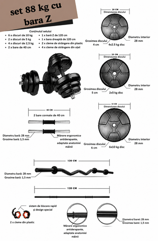 Set haltera si gantere reglabile de 80 KG, 2 bare de 40 cm, bara Z de 120 cm si bara dreapta de 120 cm