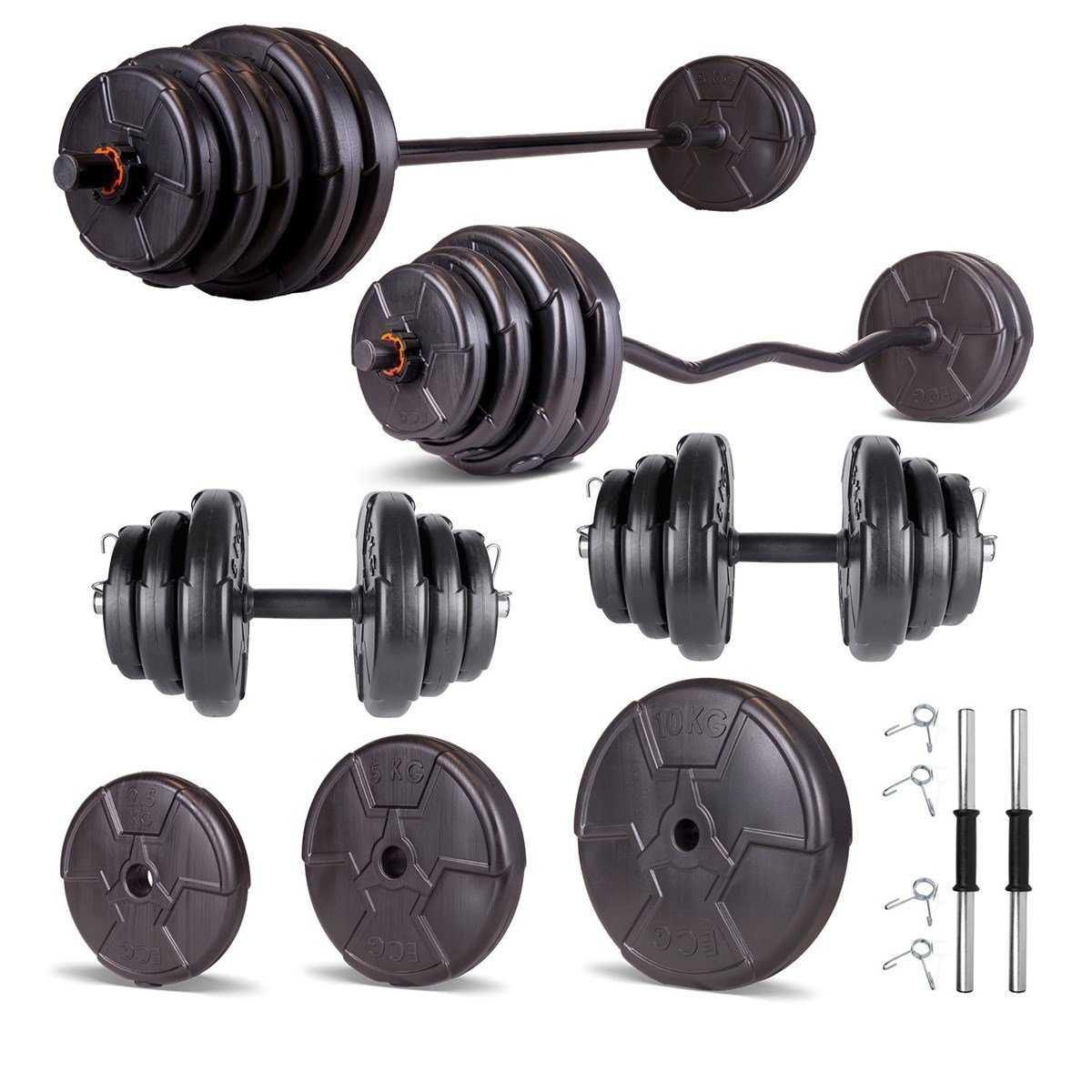 Set haltera si gantere reglabile de 88 KG cu 2 bare de 40 cm lungime, o bara Z de 120 cm, o bara dreapta 150 cm lungime si cleme prindere, negru