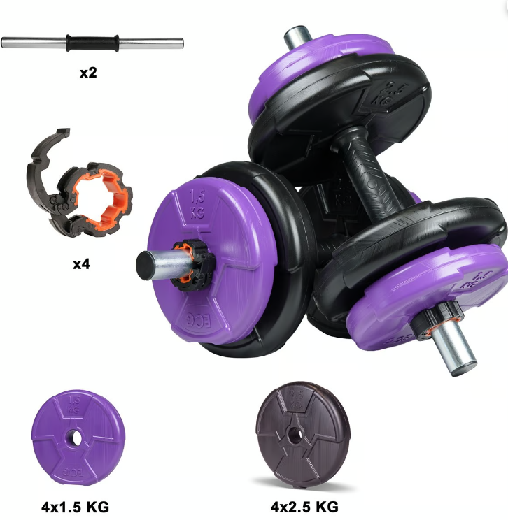 Set gantere reglabile de 16 KG cu 2 bare de 45 cm lungime si cleme prindere, negru violet