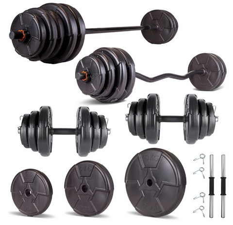 Set haltera si gantere reglabile de 70 KG cu 2 bare de 40 cm lungime, o bara de 150 cm lungime, o bara Z si cleme prindere, negru
