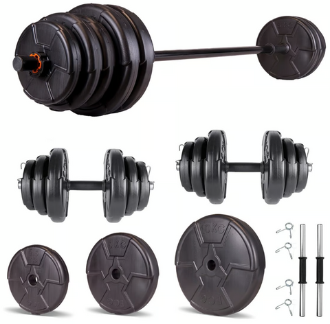 Set haltera si gantere reglabile de 45 KG cu 2 bare de 40 cm lungime, o bara de 150 cm lungime si cleme prindere, negru