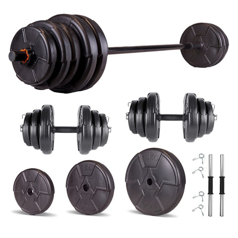 Set haltera si gantere reglabile de 65 KG cu 2 bare de 40 cm lungime, o bara de 150 cm lungime si cleme prindere, negru