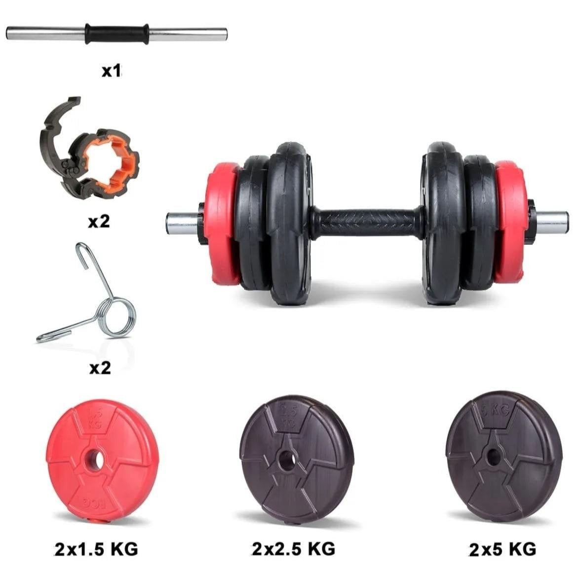 Gantera reglabila de 18 KG cu o bara de 45 cm lungime si cleme prindere, negru-rosu