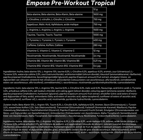Stimulent de pre-antrenament 280 mg Cofeina 360 gr Tropical Empose Nutrition