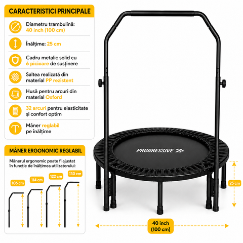 Trambulina Fitness Progressive pliabila cu maner ajustabil