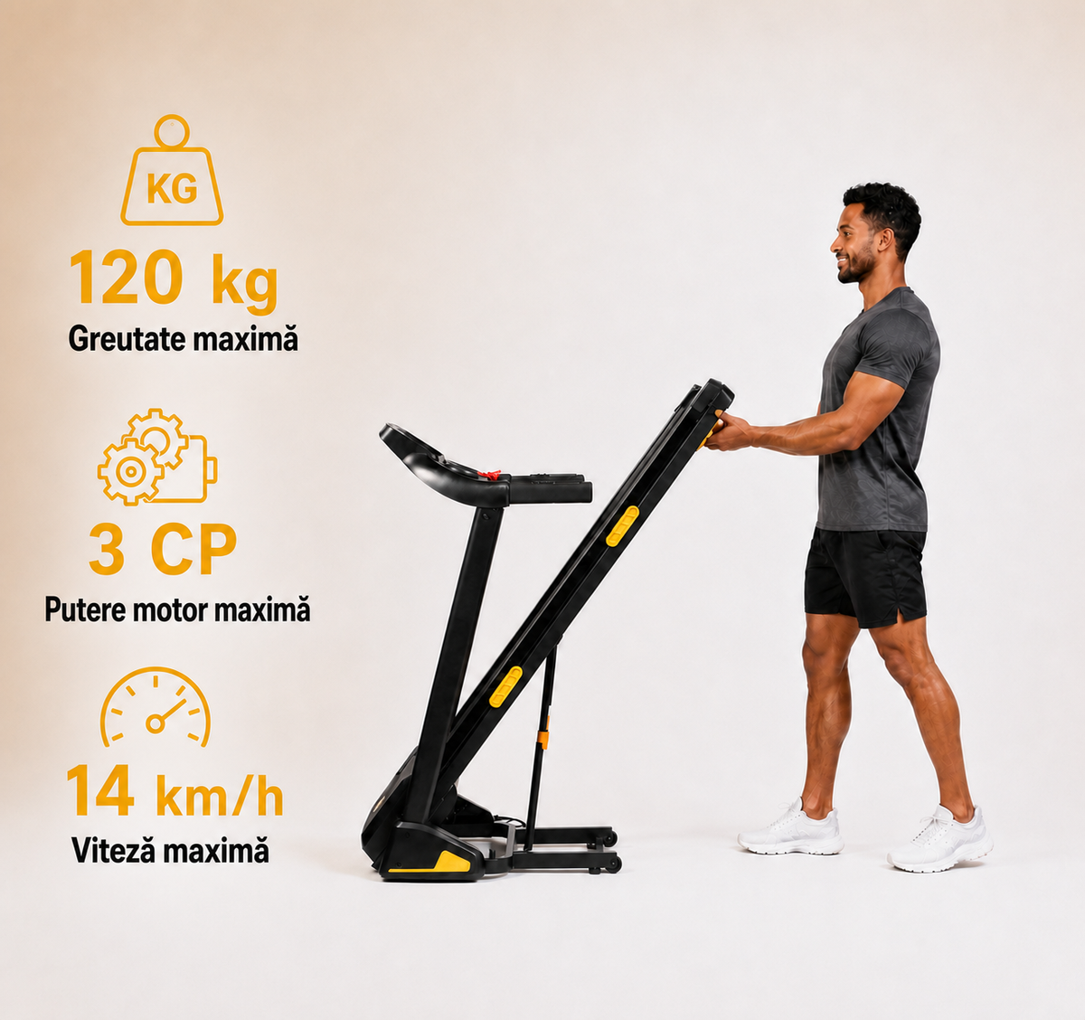 Banda alergare electrica Progressive RUN3000, motor 4CP, inclinare automata 10%, viteza 1-14 km/h, greutate suportata 120kg, suprafata alergare 128x46cm, aplicatii Kinomap, Zwift