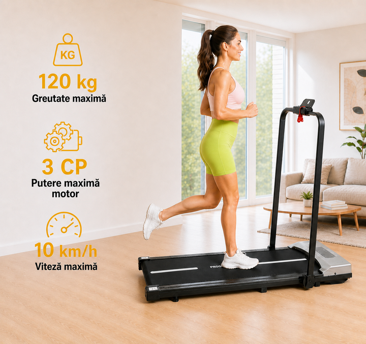 Banda alergare electrica Progressive RUN800W, motor 3CP, viteza 1-10 km/h, greutate suportata 120kg, suprafata alergare 102x39cm, aplicatii Kinomap, Zwift