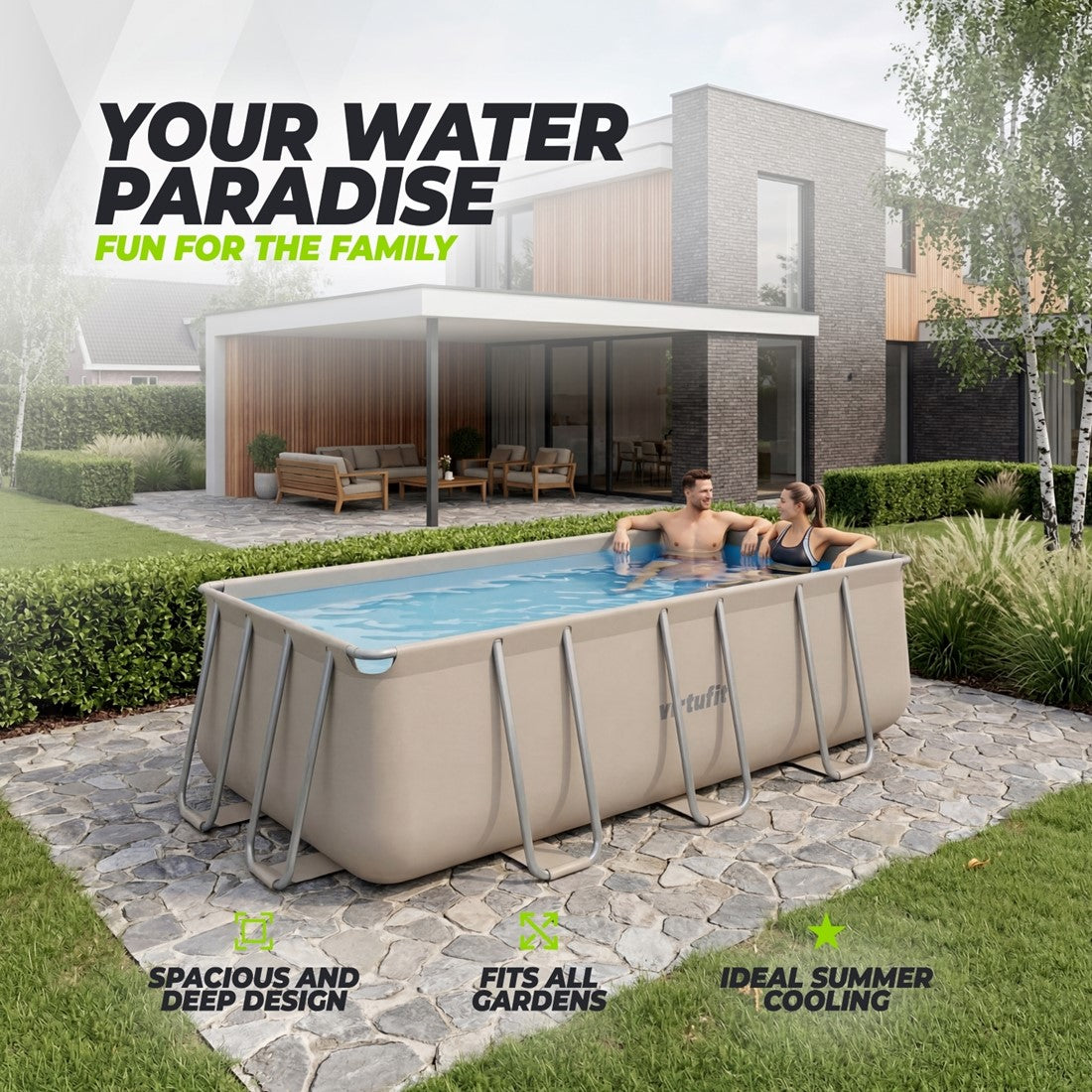 Piscina VirtuFit rectangulara - 400 x 200 x 122 cm - Beige - Include pompa de filtrare