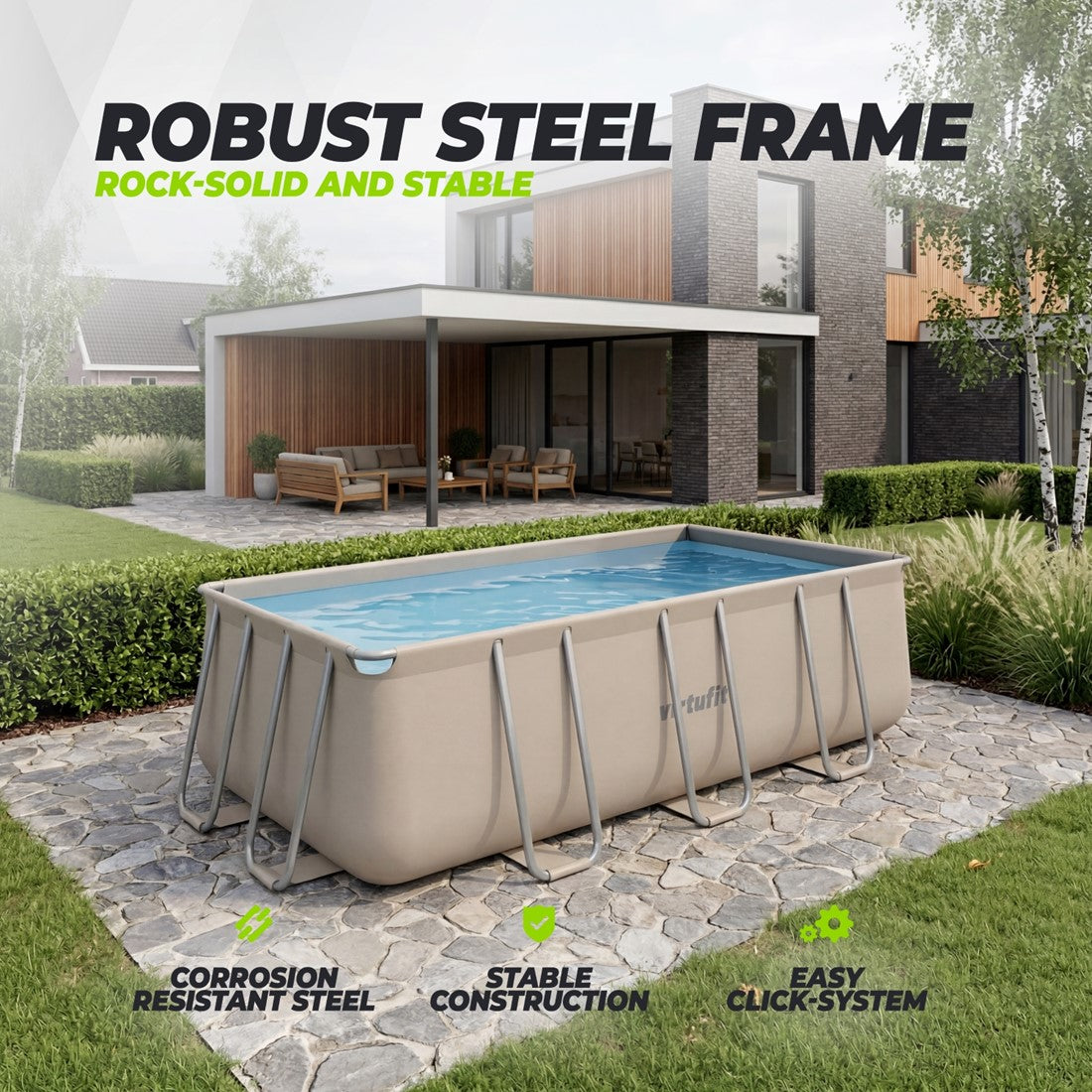 Piscina VirtuFit rectangulara - 400 x 200 x 122 cm - Beige - Include pompa de filtrare